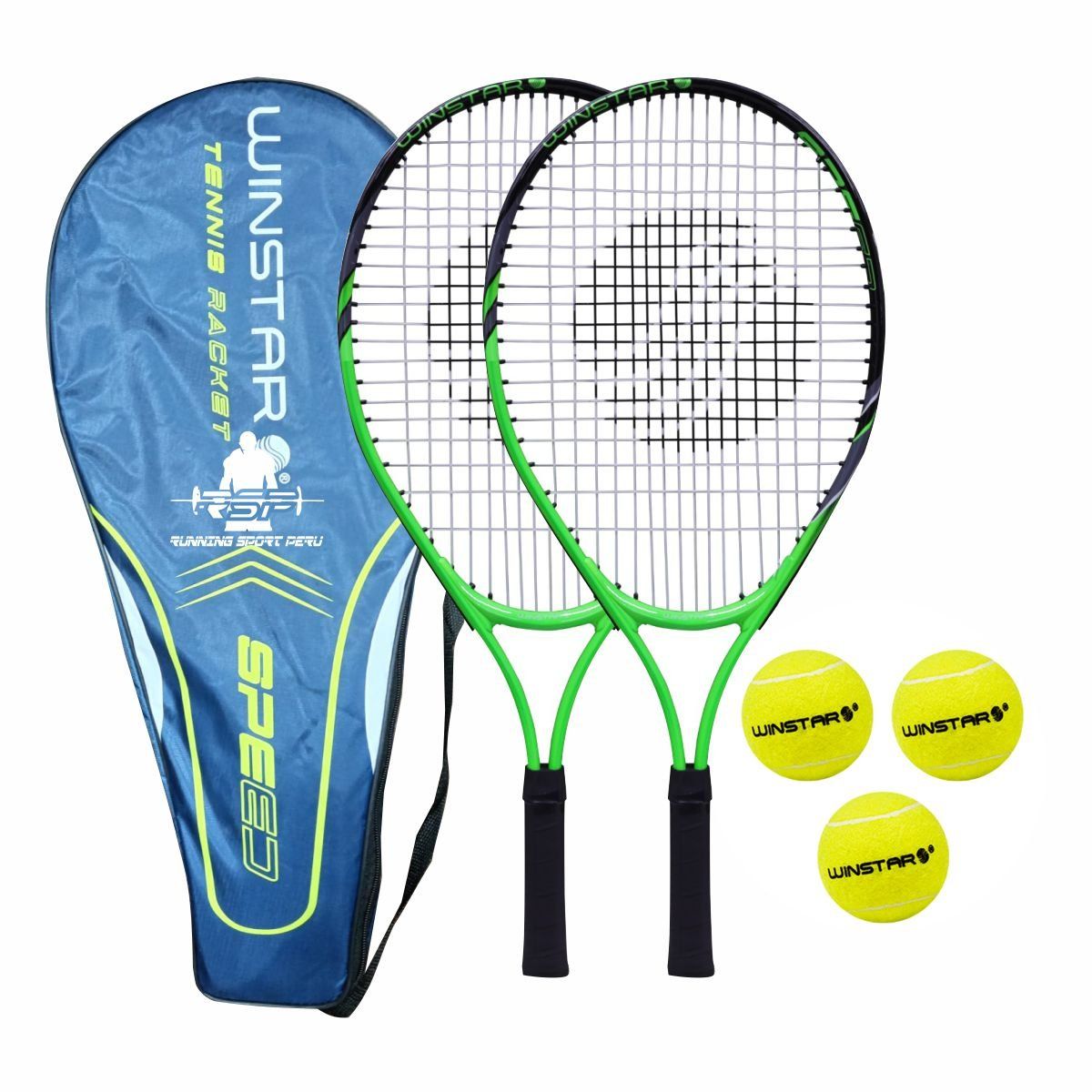 WINSTAR - Set 2 Raquetas de Tenis + 3 Pelotas Junior Verde