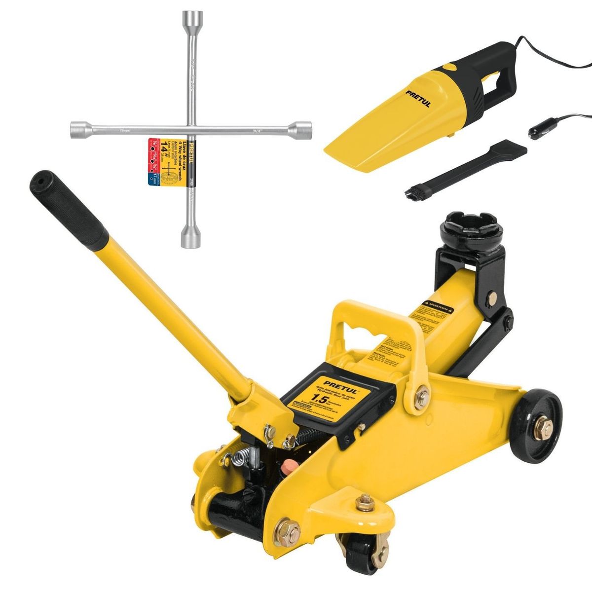 PRETUL - Combo Gata lagarto 1.5 Toneladas Aspirador y Llave Cruz 14 Pretul