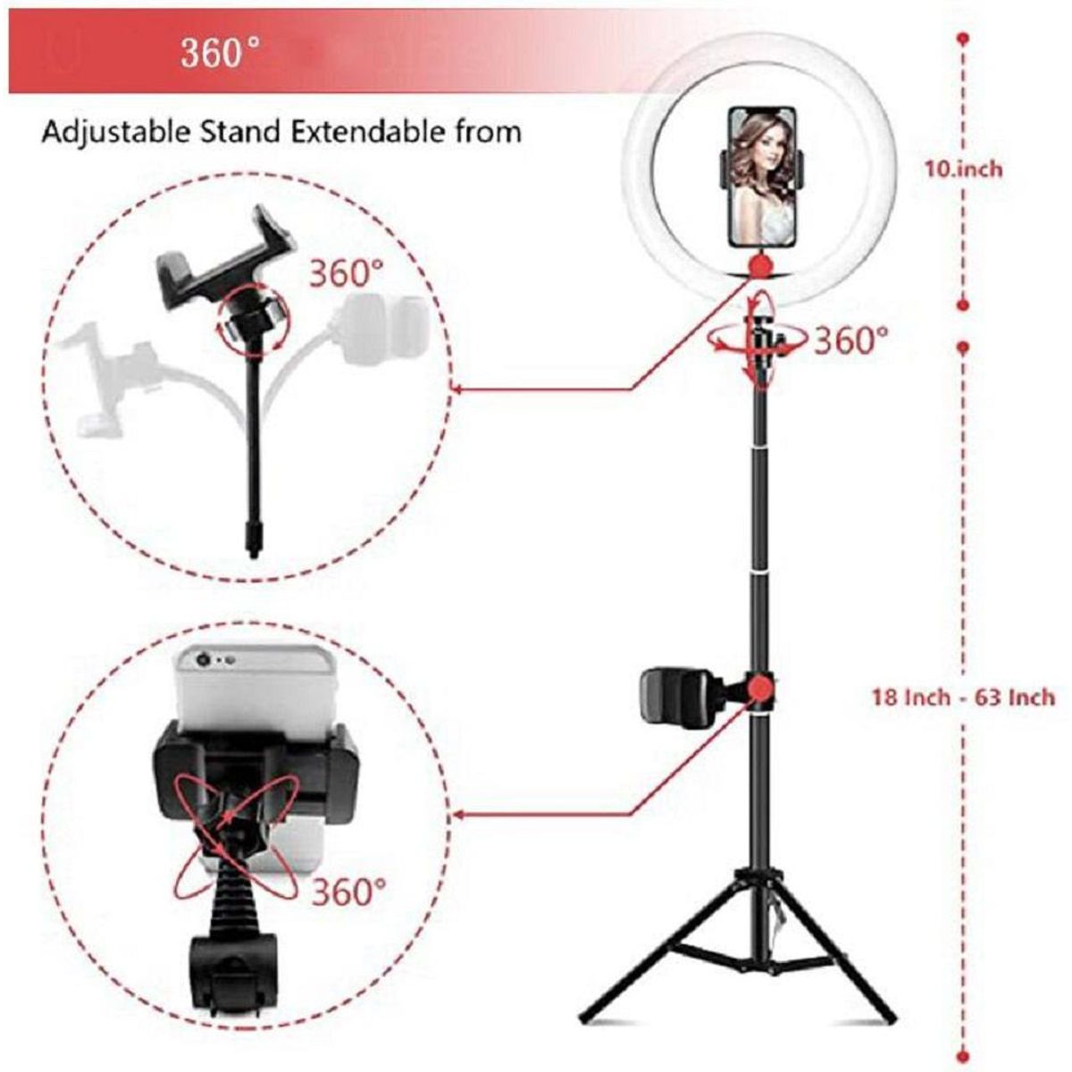 GENERICO - Aro anillo luz led 26 cm + Tripode 2.10 mt