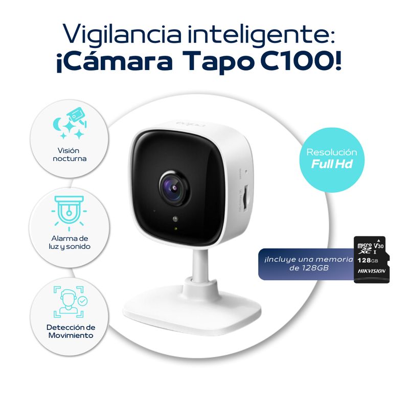 TP LINK - Cámara de seguridad Tapo C100 Wifi Full-HD para interiores + SD 128 GB - Tp-Link