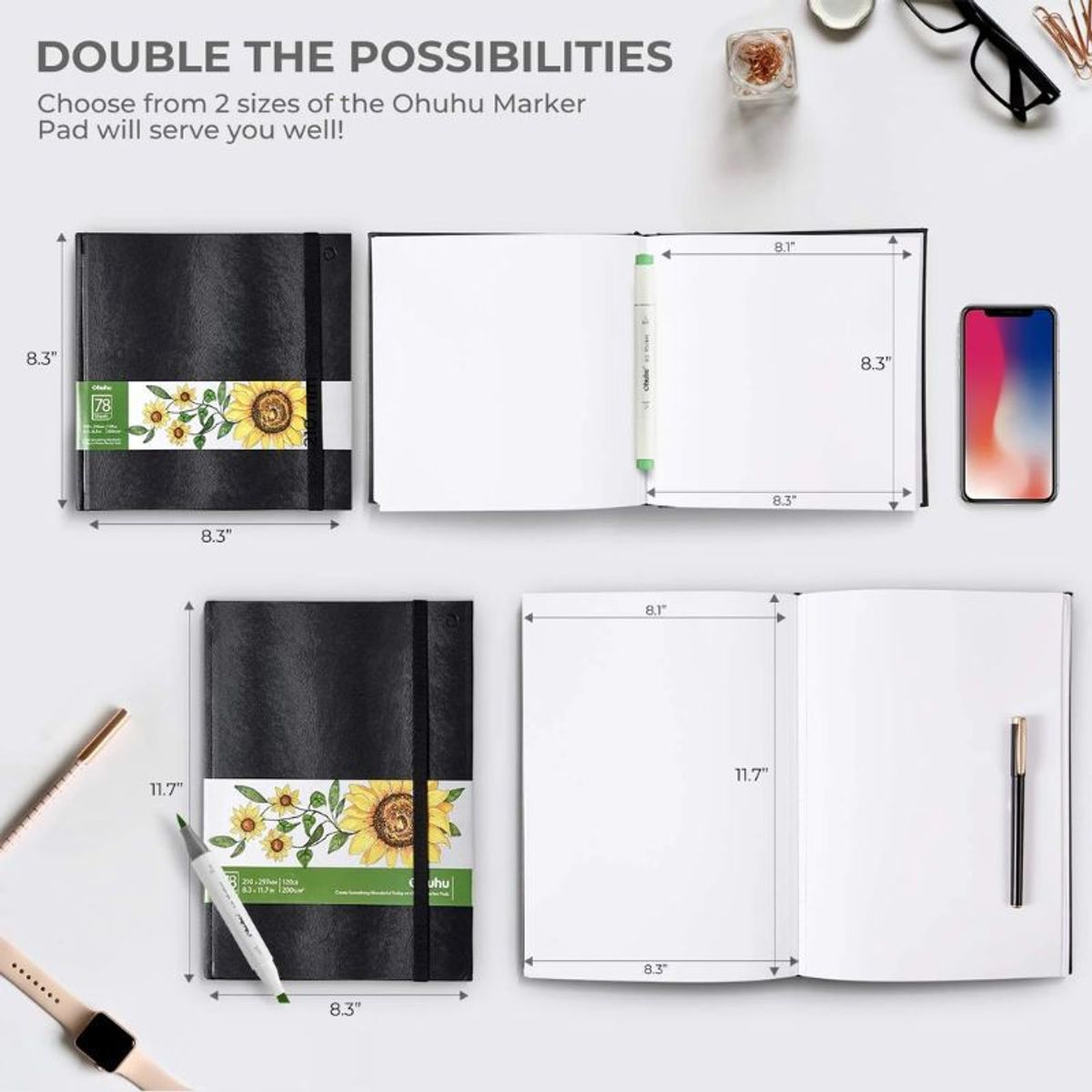 OHUHU - Marker Pads 2 Ohuhu (21 x 21 cm / 21 x 29.7 cm) 78 hojas c/u