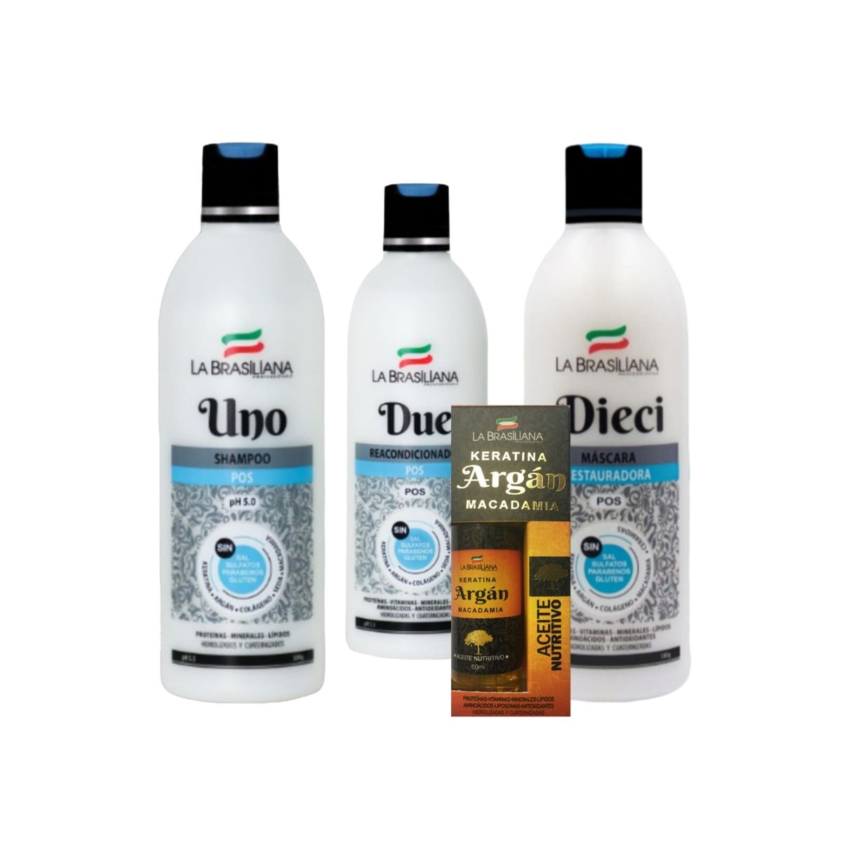 LA BRASILIANA - Kit - Shampoo UNO + Reacondicionador + Máscara DIECI + Aceite de Argan