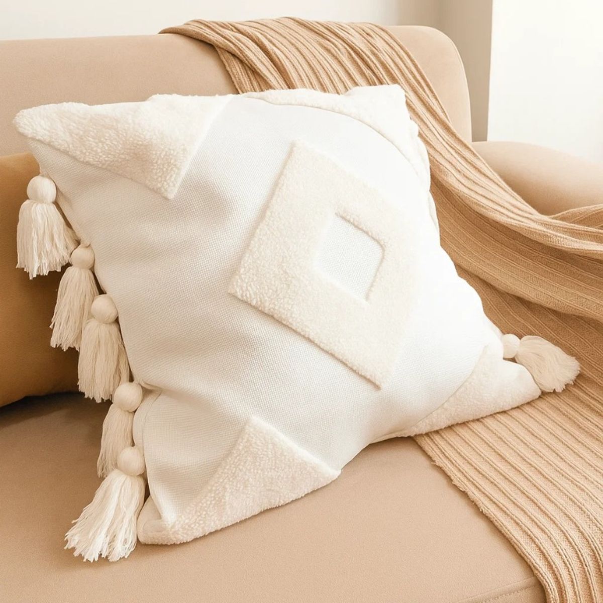 GENERICO - Cojin Crema Estilo Bohemio Con Borlas 45x45 Cm