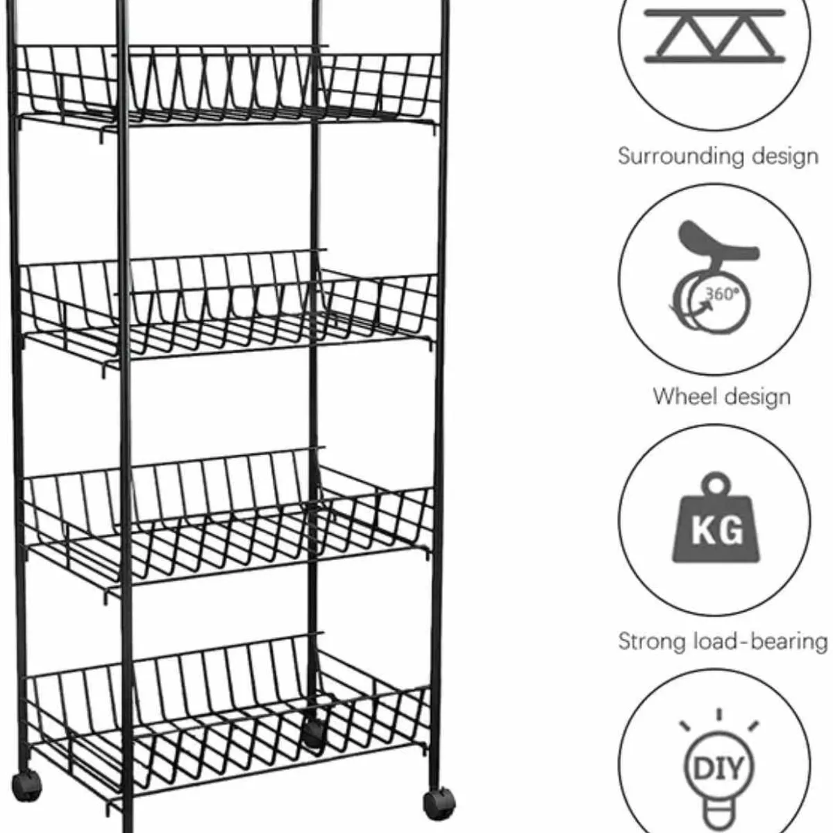 GENERICO - Frutero Verdulero de Cocina con Ruedas de 4 pisos Organizador Negro
