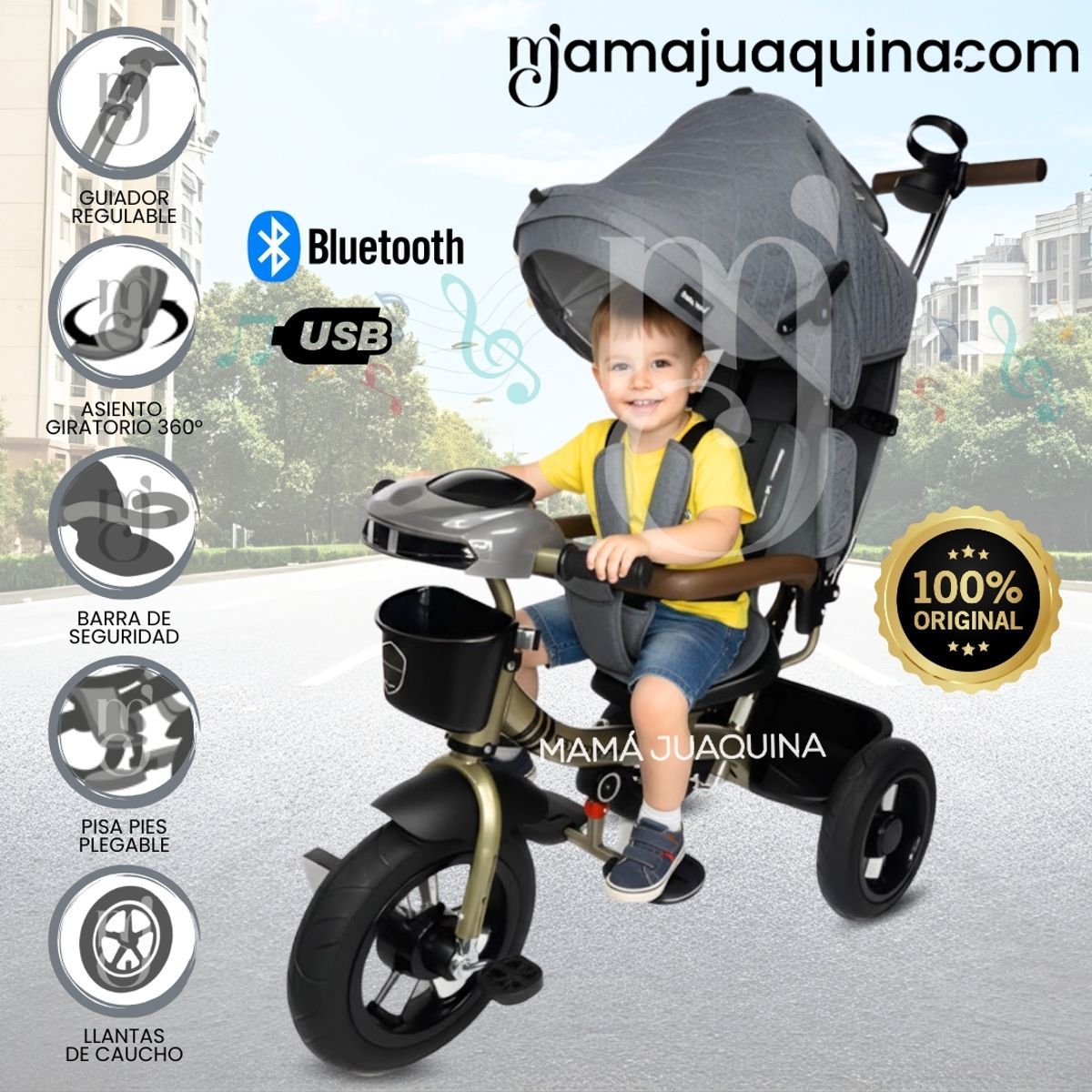 BABY KITS - Triciclo Guiador Giratorio 3 en 1 «FORT PREMIUM» USB Gris