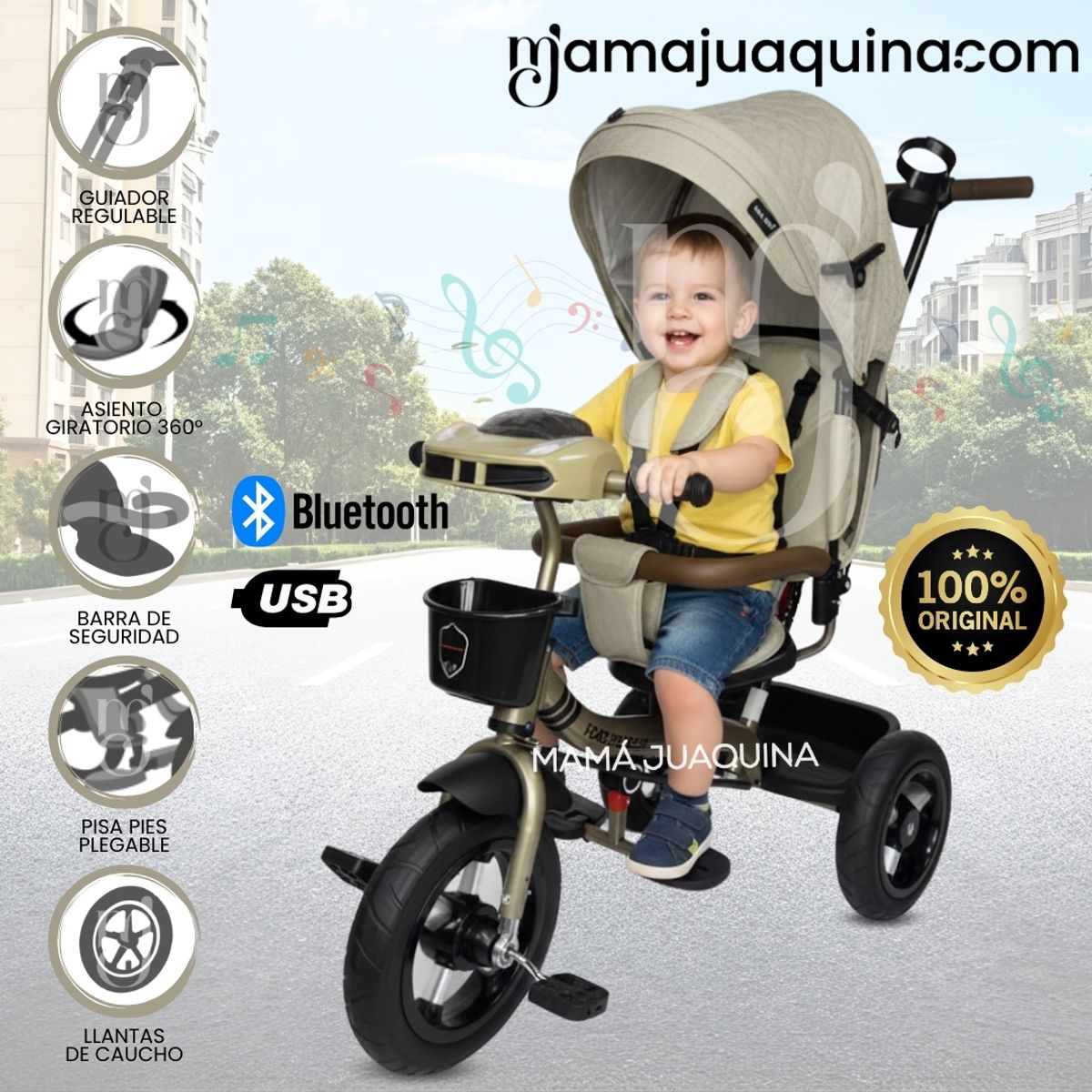 BABY KITS - Triciclo Guiador Giratorio 3 en 1 «FORT PREMIUM» USB Beige