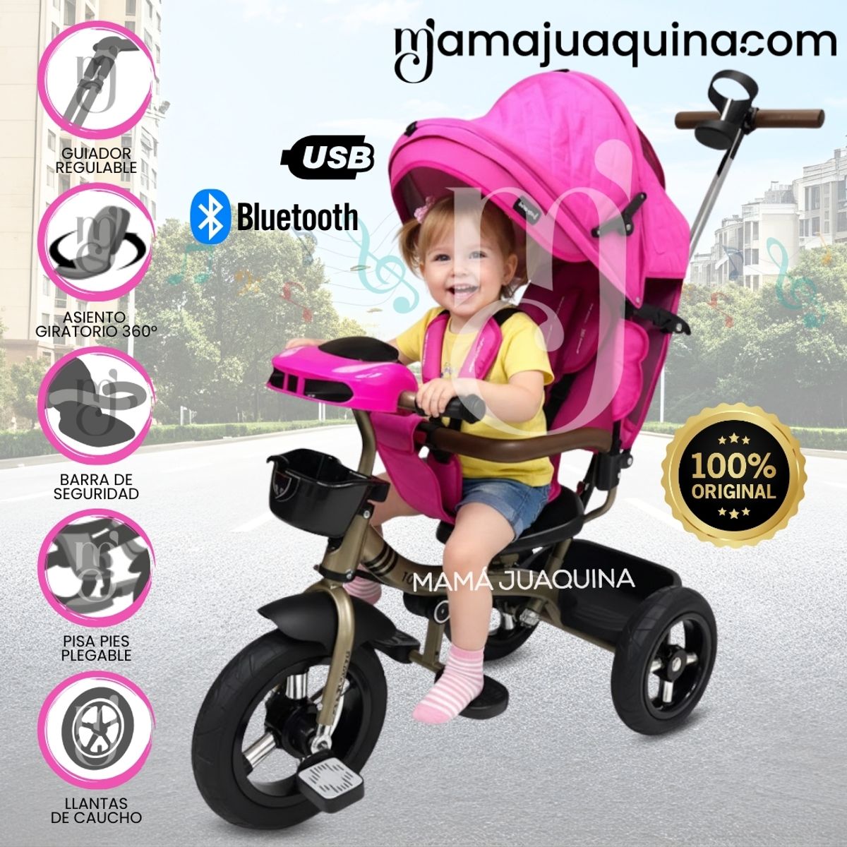 BABY KITS - Triciclo Guiador Giratorio 3 en 1 «FORT PREMIUM» USB Pink