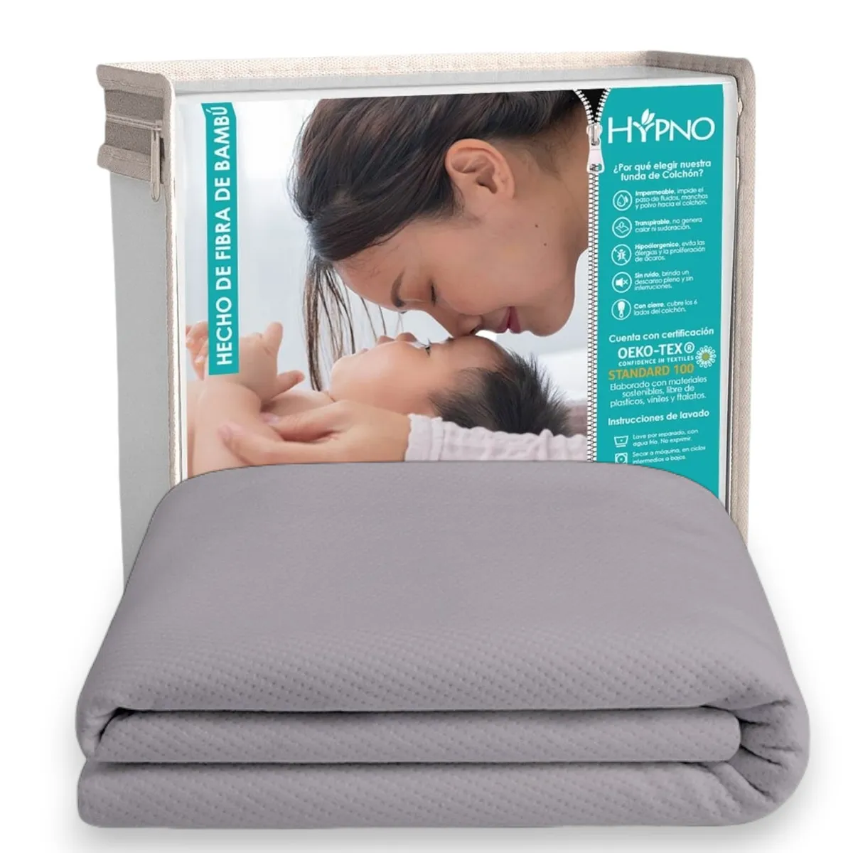 HYPNO HOME - Funda De Colchón Impermeable 2 Plz De Bambú Con Cierre En L - Gris