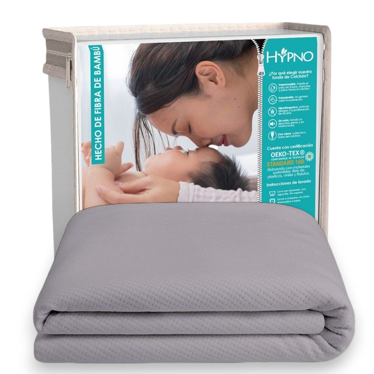 HYPNO HOME - Funda De Colchón Impermeable King De Bambú Con Cierre En L - Gris