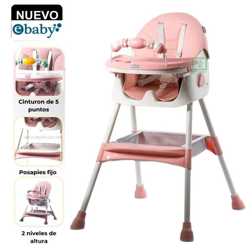 EBABY - Silla de Comer Ebaby Plegable Doble Bandeja LULU Rosado