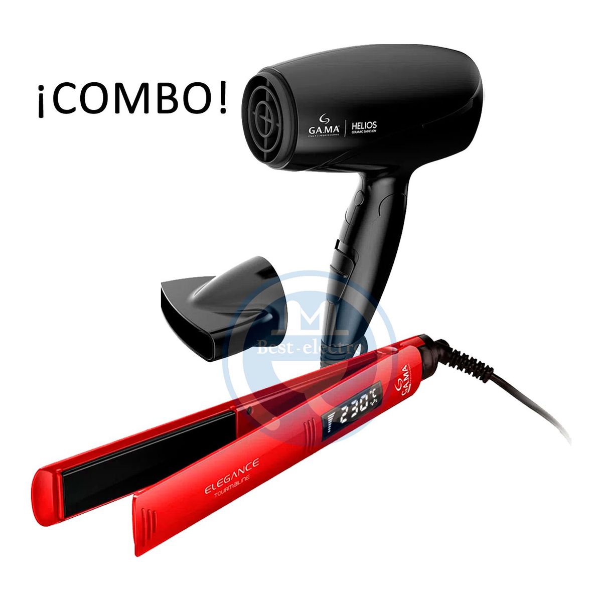GAMA - Combo Gama Alisador Elegance Tourmaline y Secador Helios Mango pegable