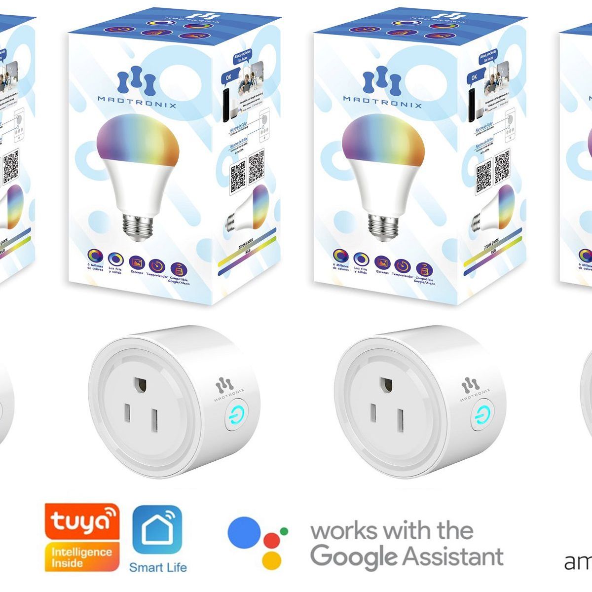 MADTRONIX - Foco y Enchufe Inteligente  con Alexa y Google Pack x 8