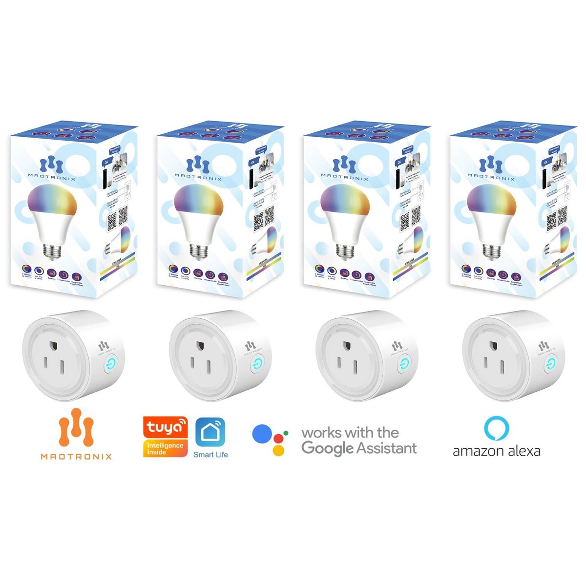 MADTRONIX - Foco y Enchufe Inteligente  con Alexa y Google Pack x 8