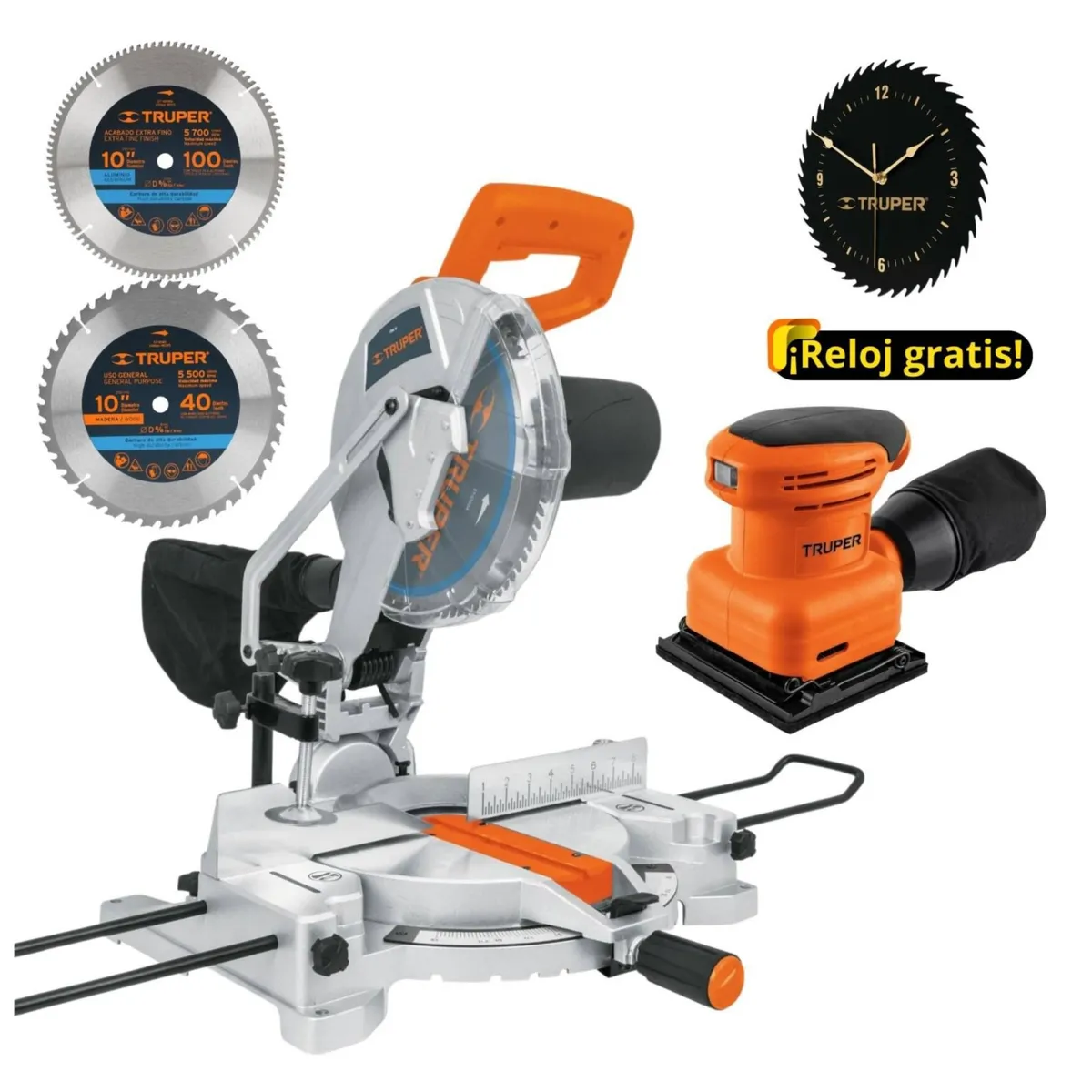 Truper - Combo Sierra Ingleteadora 1900W 2 discos, lijadora orbital