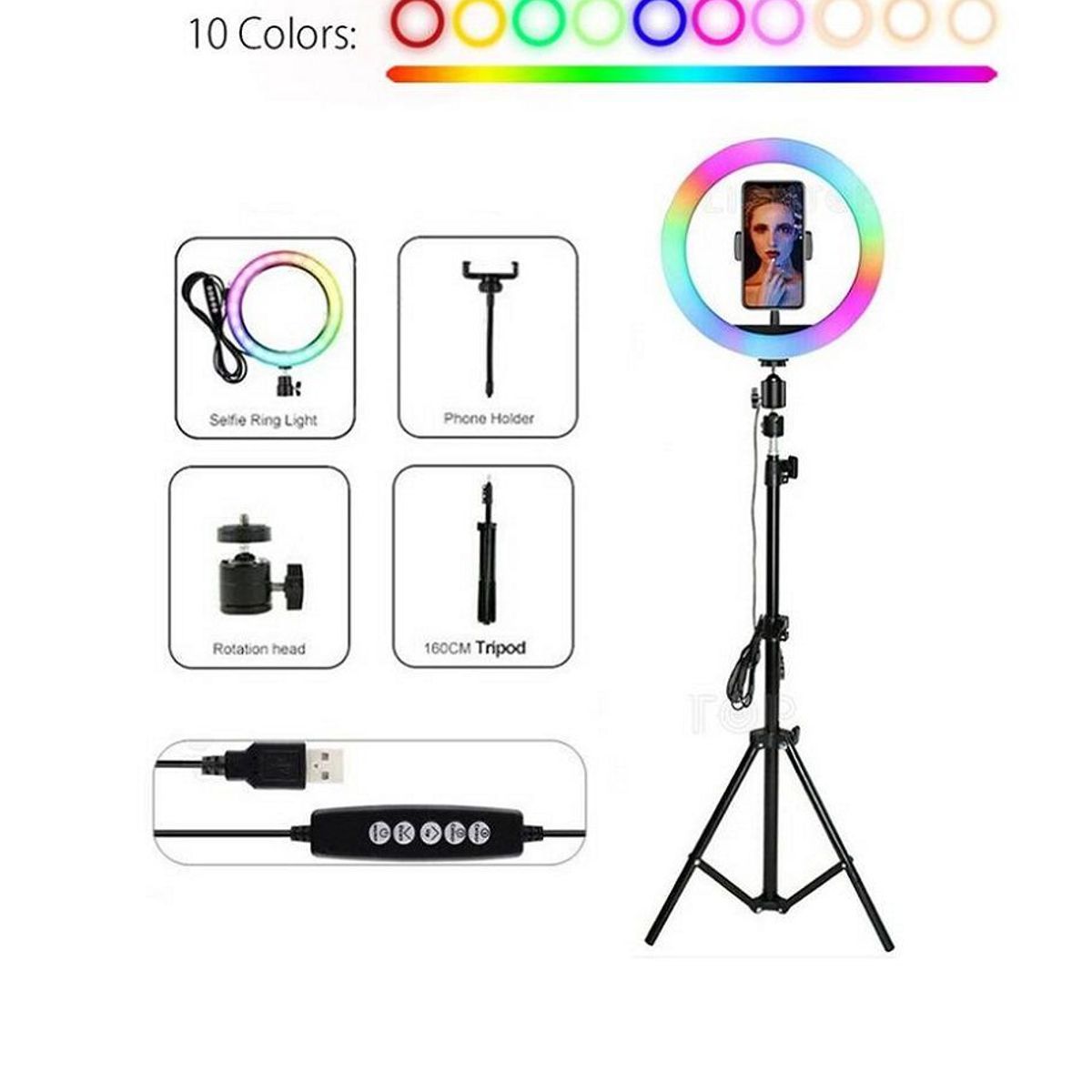 GENERICO - Aro Luz Led 26 cm RGB colores + Trípode 2.10 Mt