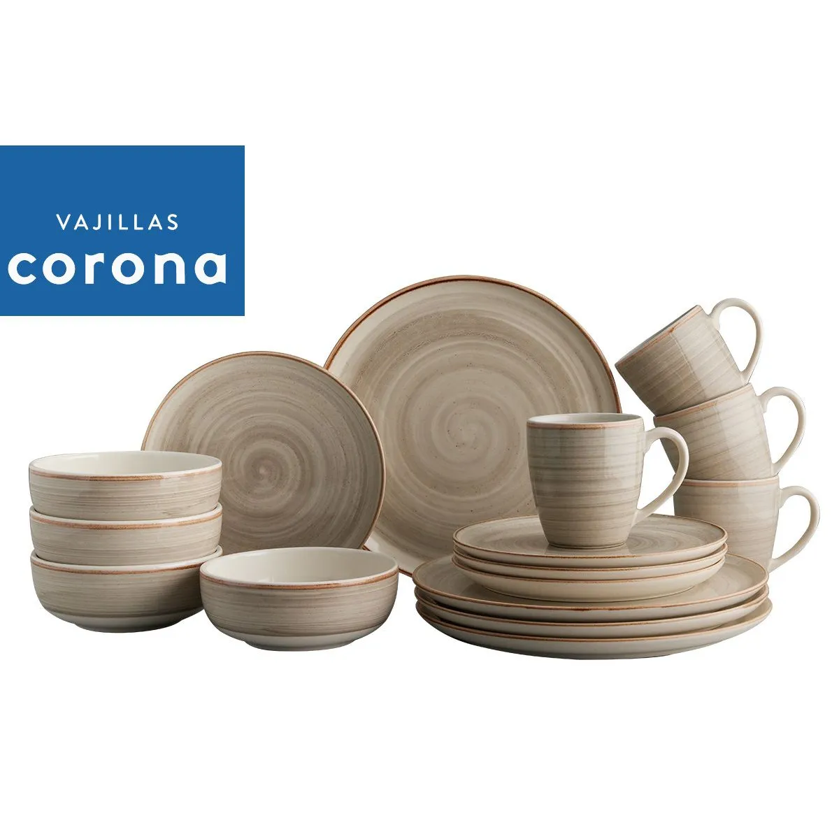 CORONA - Juego de Vajilla Caoba Gris 16 Piezas Corona - Plato Pando 26cm