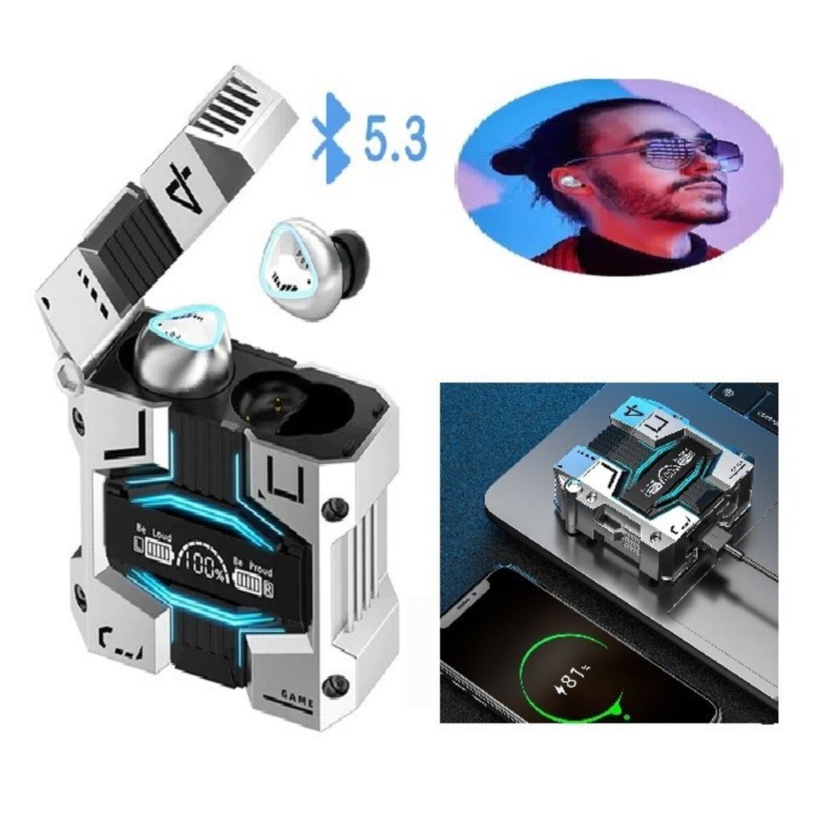 CLN TECH - Audífonos inalámbricos pantalla led bluetooth M45 con powerbank PLATA