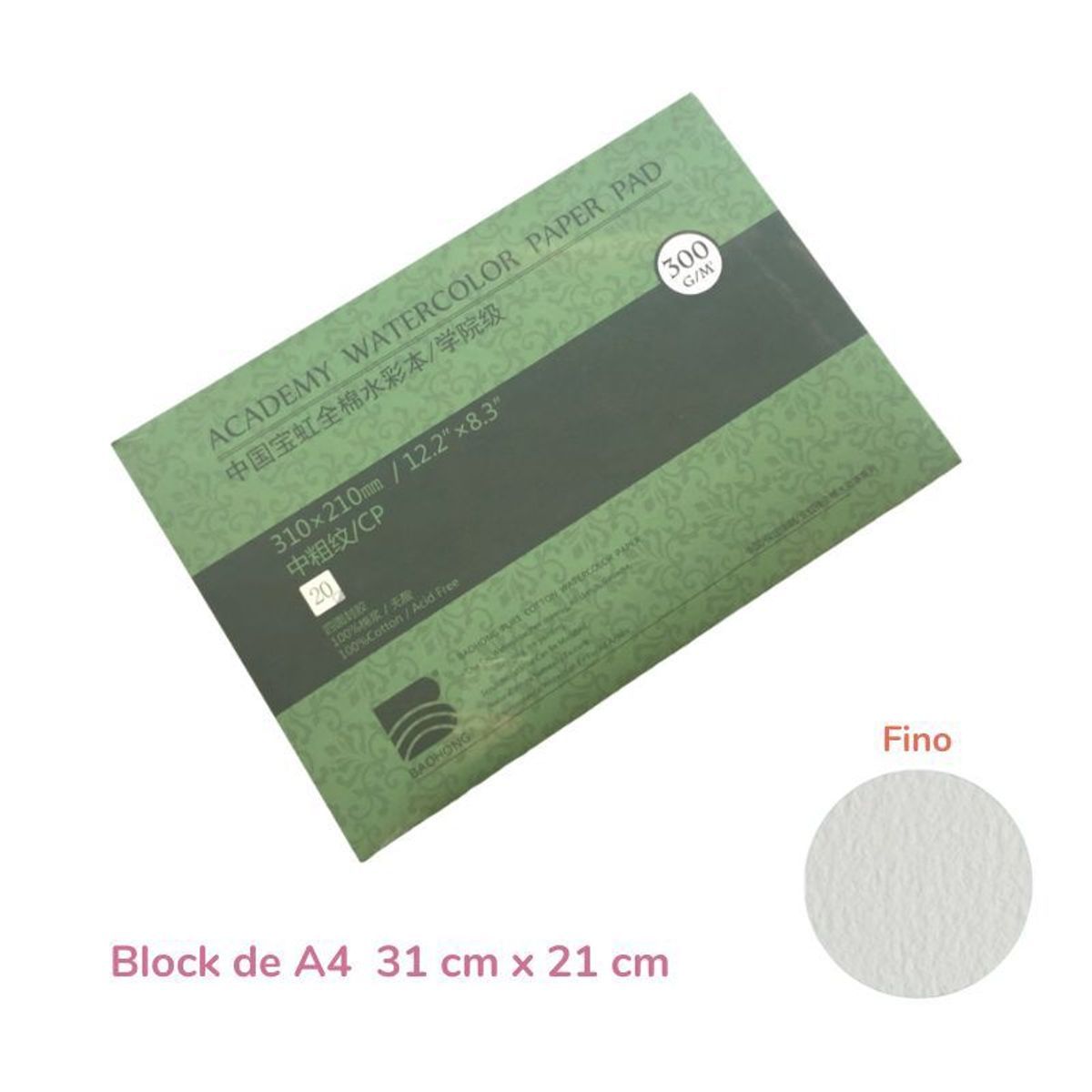 GENERICO - Baohong Papel de acuarela  ACADÉMICO Grano Fino- A4 31x21cm