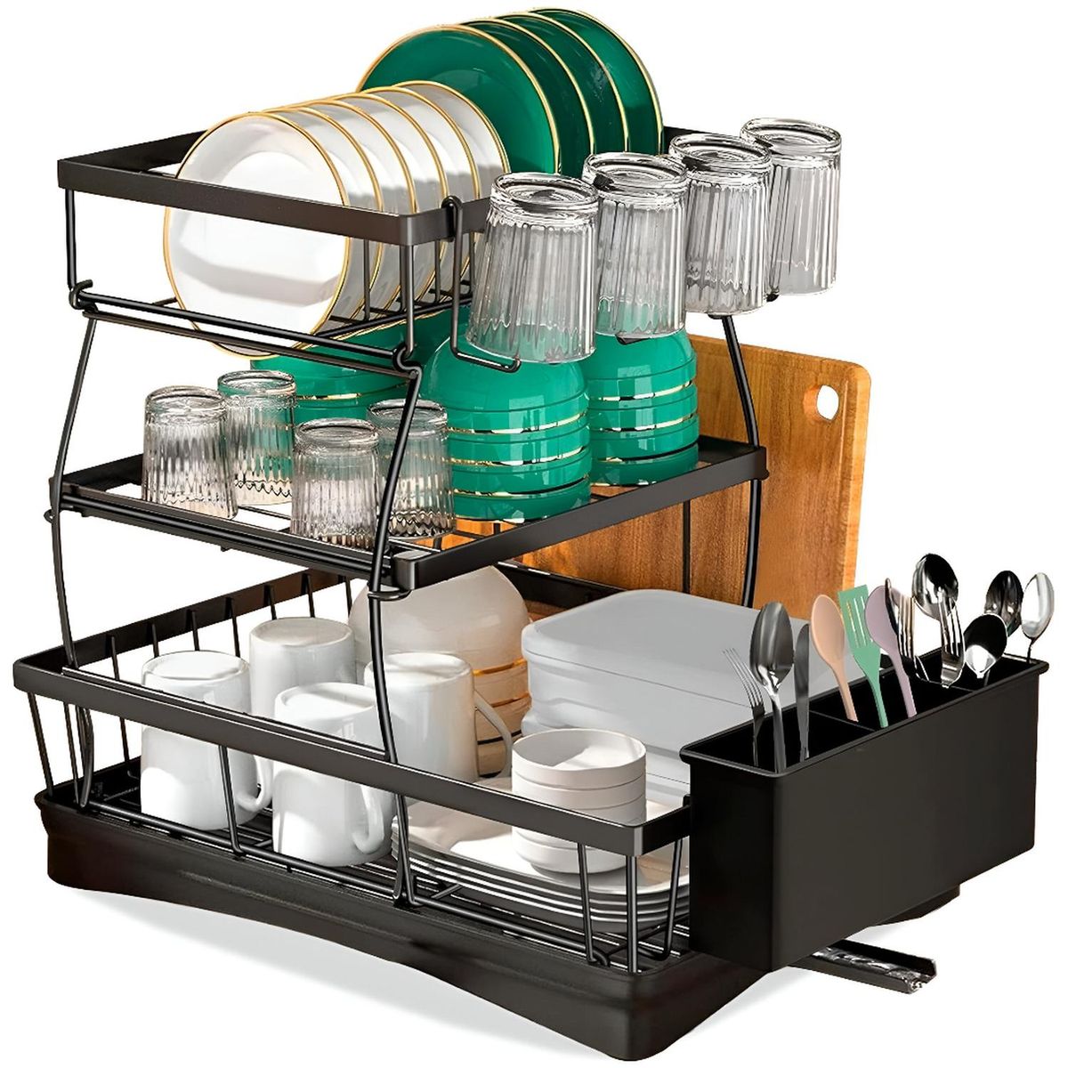 MINARI - Estante Escurridor de Platos Cocina Vasos Cubiertos Premium 3 Niveles L35