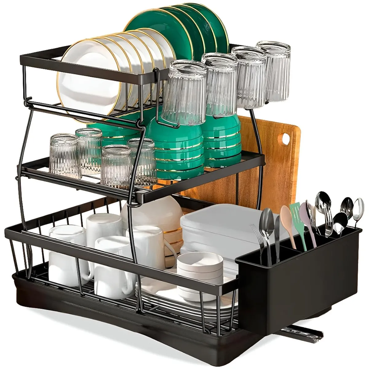 MINARI - Estante Escurridor de Platos Cocina Vasos Cubiertos Premium 3 Niveles L35