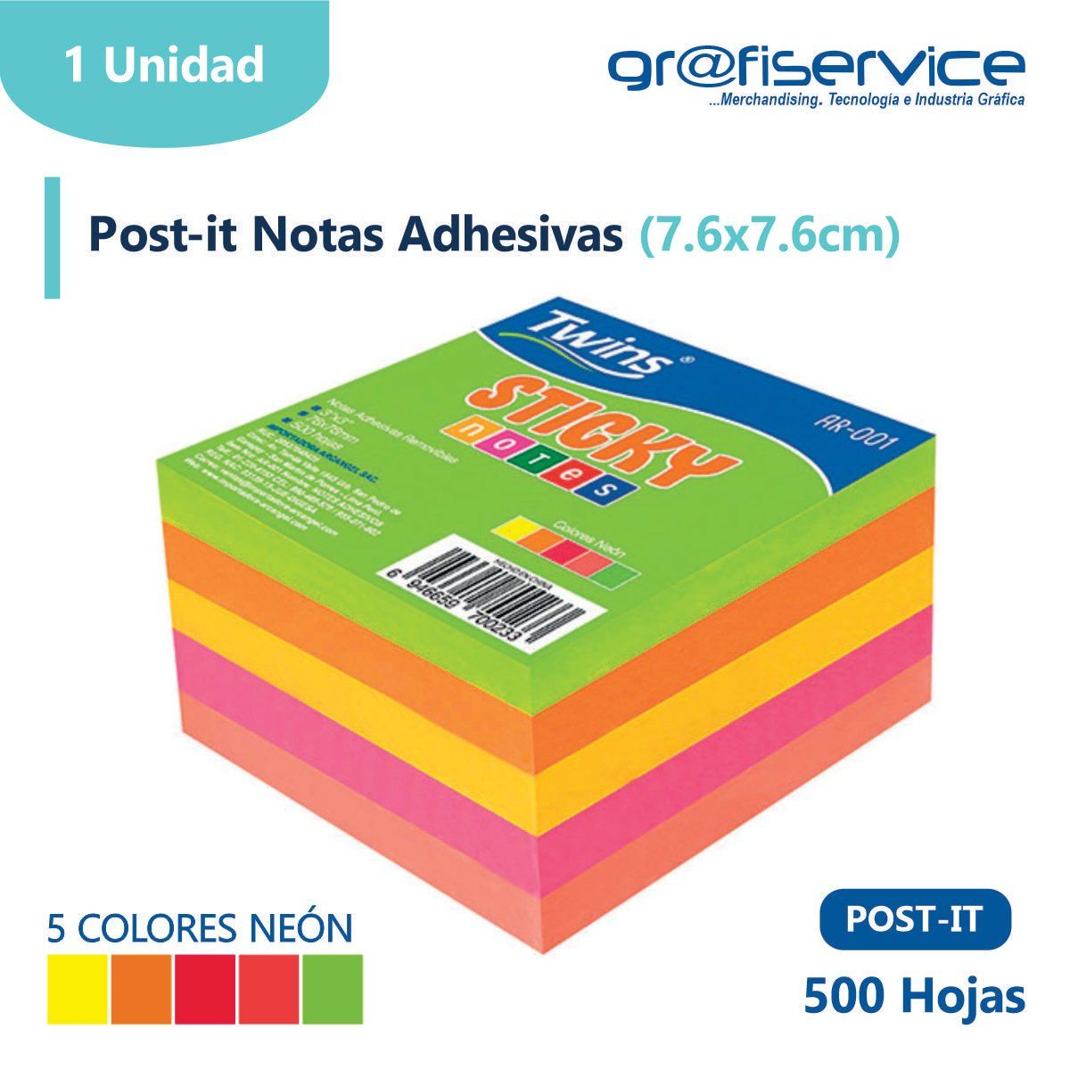 GENERICO - Post It Notas Adhesivas 7.6cm x 7.6cm 500 hojas (5 colores).