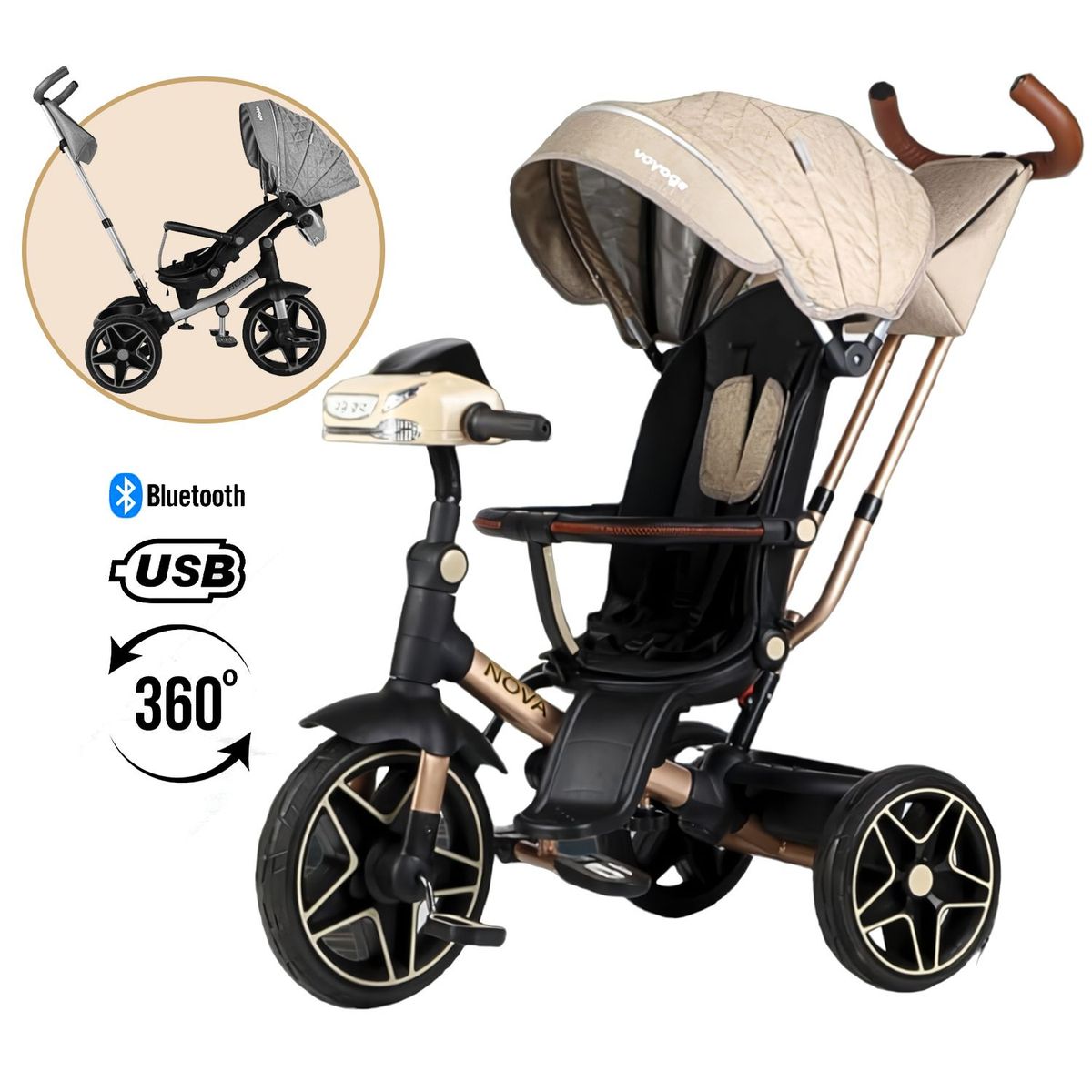 VOYAGE - Triciclo NOVA Giratorio 360° USB Bluetooth Tela UV Beige