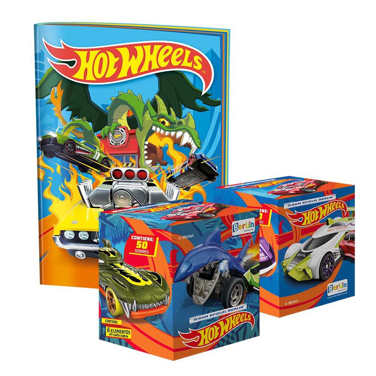 EDITORIAL BERLIN - Hot Wheels, 1 Álbum Tapa Blanda + 2 Cajitas (100 Sobres)