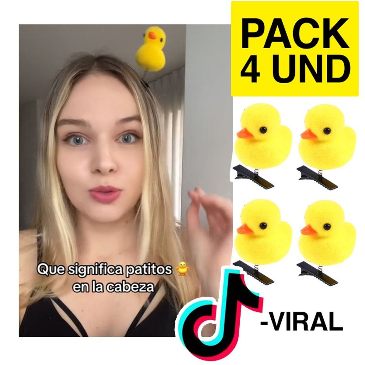 GENERICO - Patito amarillo en cabeza tiktok kawaii gancho Pack 4 und
