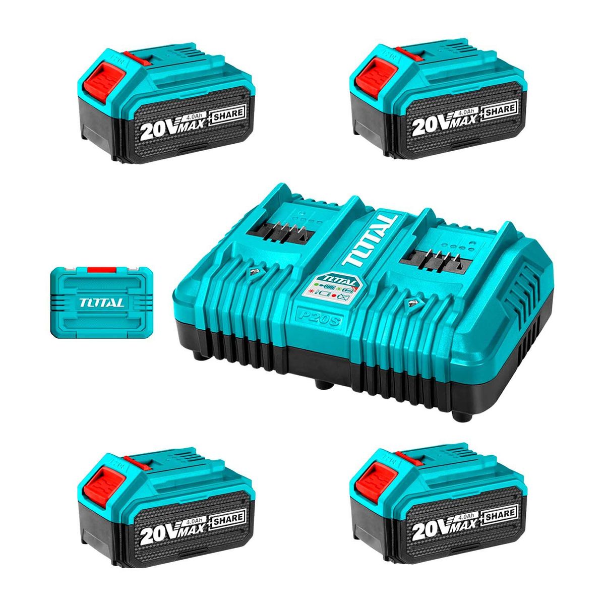 TOTAL TOOLS - SET 4 BATERÍAS 20V 4AH Y 1 CARGADOR RÁPIDO DOBLE TOTAL - TFBCLI20244