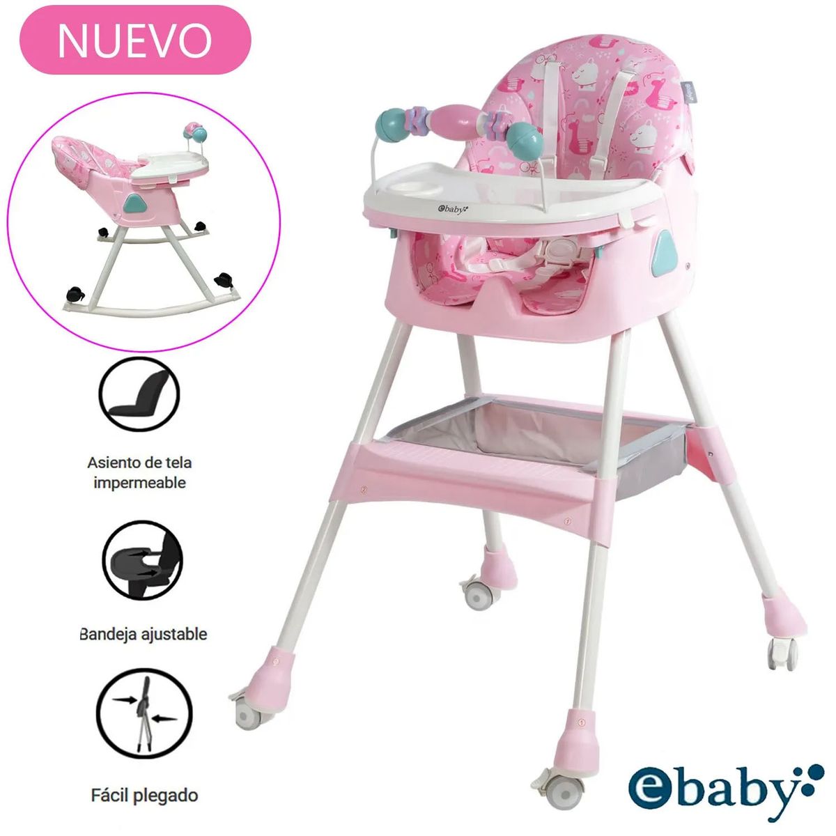 EBABY - Silla de Comer Ebaby Asiento Reclinable DALI Rosado Ruedas
