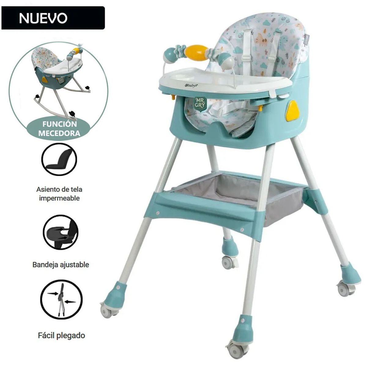 EBABY - Silla de Comer Ebaby Asiento Reclinable DALI Verde con Ruedas