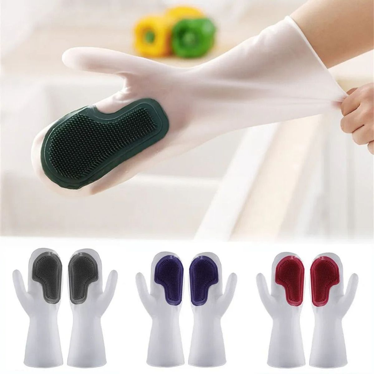 OEM - x3 Guantes para Lavar Platos de Silicona Resistentes al Calor  Cepillo