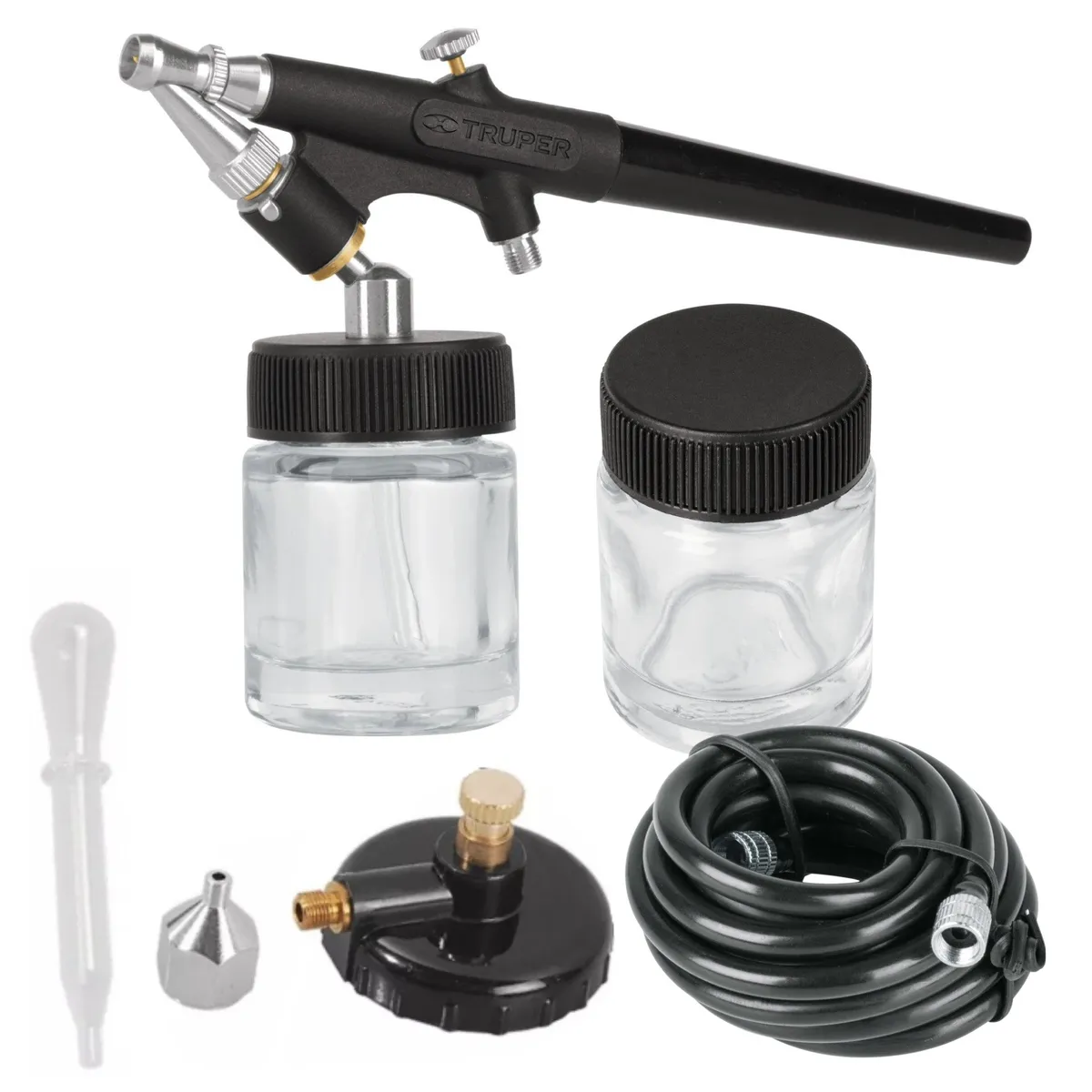 TRUPER - KIT AEROGRAFO DE SUCCION, MANGUERA 150cm, 2 VASOS y adaptador, TRUPER