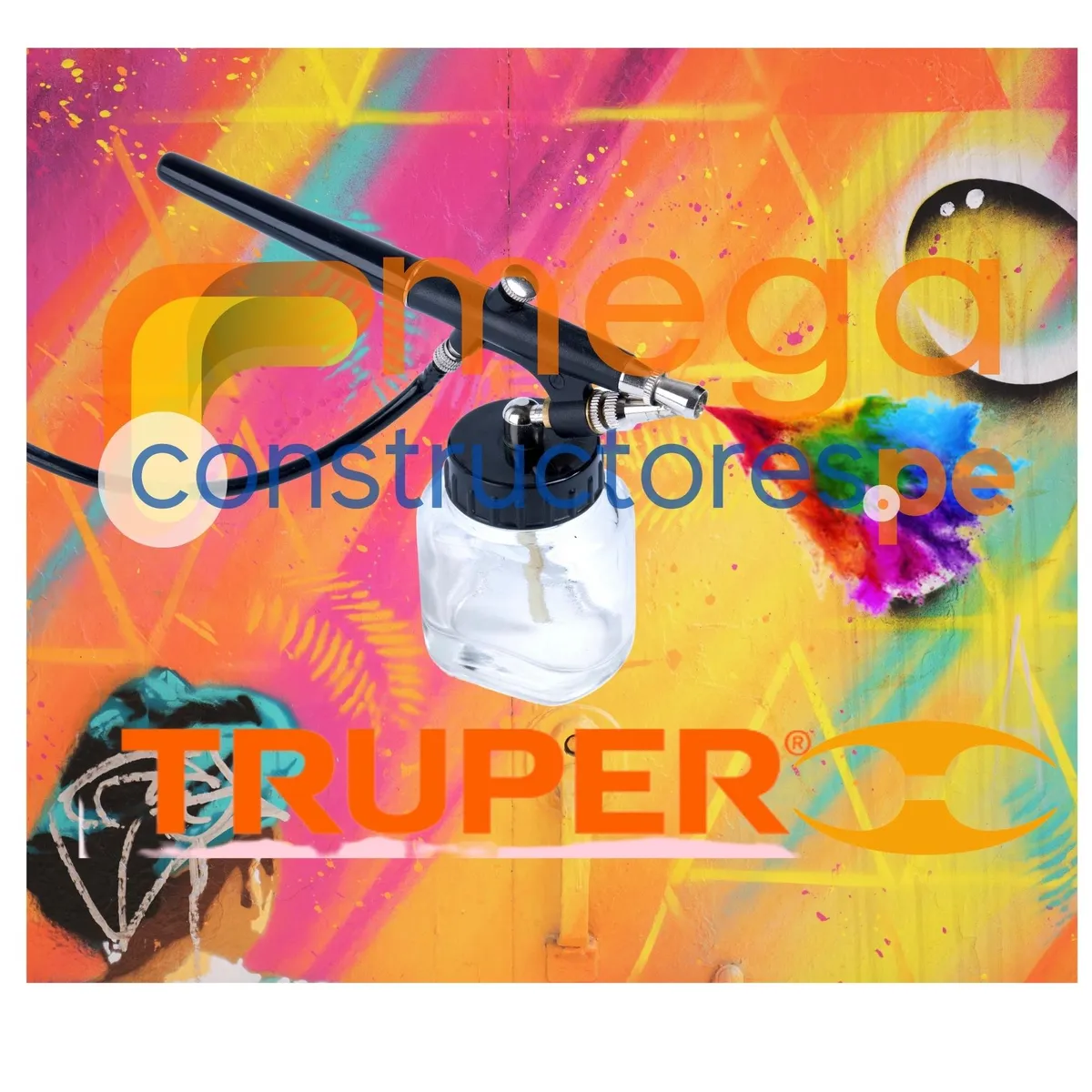 TRUPER - KIT AEROGRAFO DE SUCCION, MANGUERA 150cm, 2 VASOS y adaptador, TRUPER