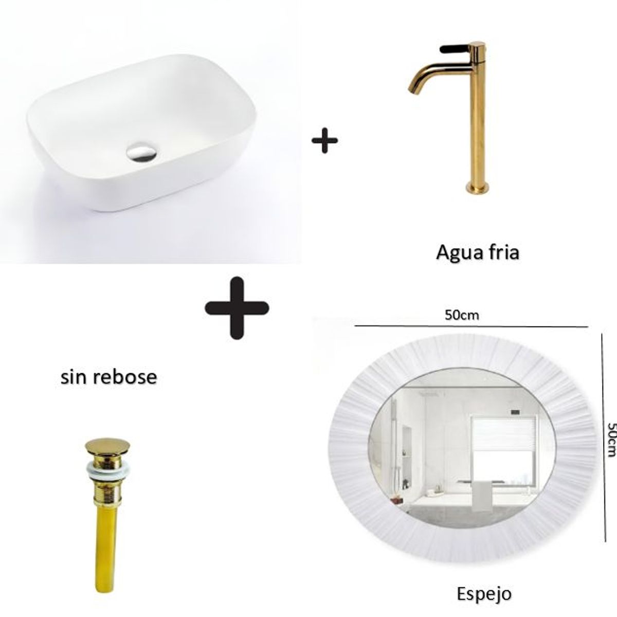 IMPORTADO MC - COMBO DE LAVATORIO RECTANGULAR MAS GRIFERIA AGUA FRIA DESAGUE Y ESPEJO