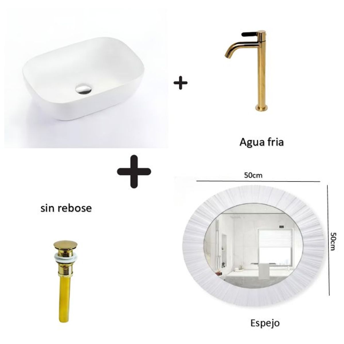 IMPORTADO MC - COMBO DE LAVATORIO RECTANGULAR MAS GRIFERIA AGUA FRIA DESAGUE Y ESPEJO