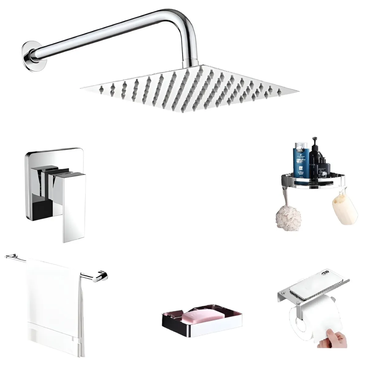 GENERICO - kit MONOCOMANDO DE DUCHA 10 CON SALIDA CUADRADA mas toallero cromado