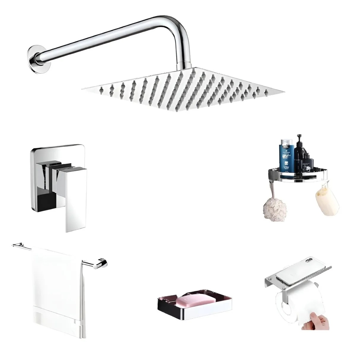 GENERICO - kit MONOCOMANDO DE DUCHA 10 CON SALIDA CUADRADA mas toallero cromado