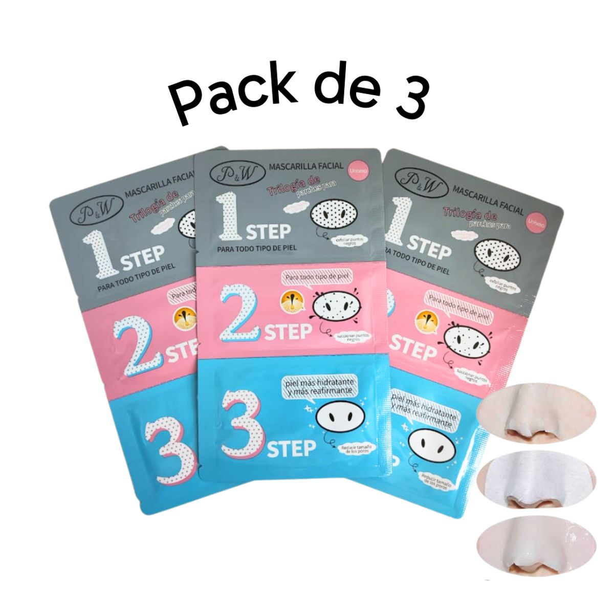 GENERICO - Pack de 3 Parches para Puntos Negros y espinillas en 3 pasos
