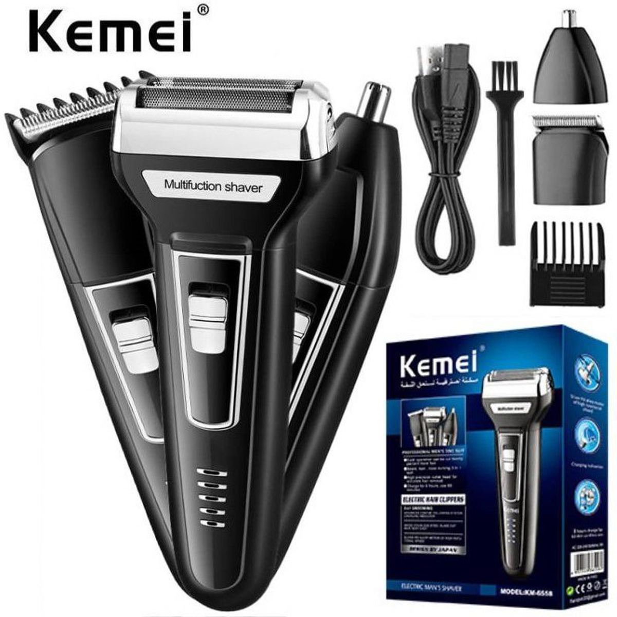 KEMEI - Afeitadora Cortadora Rasuradora Inalambrica Kemei 3 en1 KM-6558