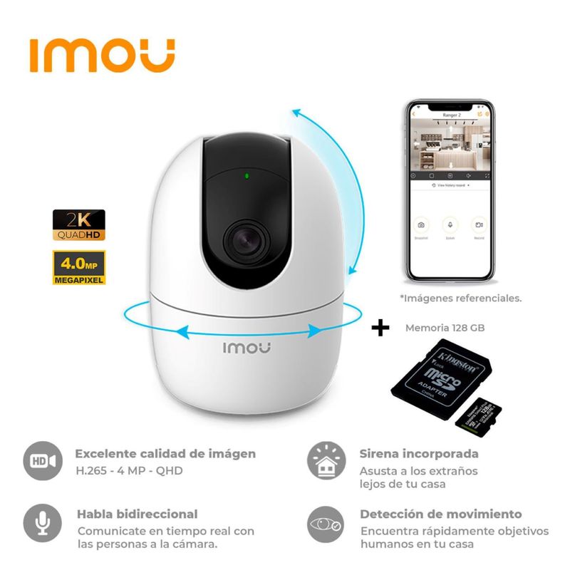 IMOU - CÁMARA DE SEGURIDAD WIFI 4MP IMOU RANGER 2 PARA INTERIOR - MICRO SD 128GB