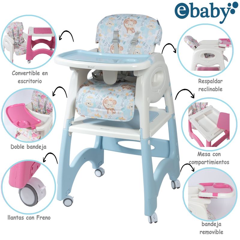 EBABY - Silla Comedor Escritorio LARA – EB645-1 3 en 1 Celeste