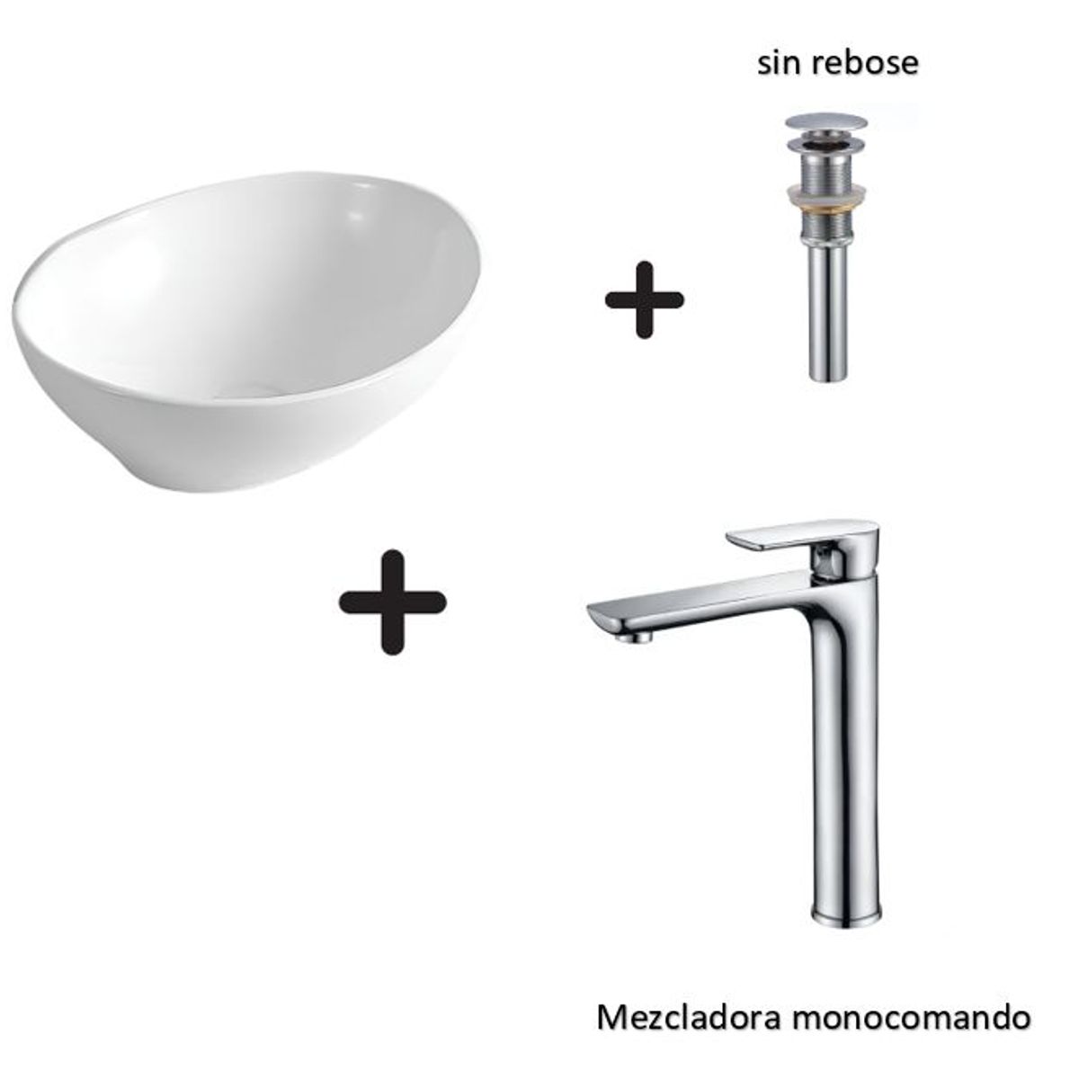 GENERICO - COMBO DE LAVATORIO OVALADO MAS MONOCOMANDO CROMADO Y DESAGUE