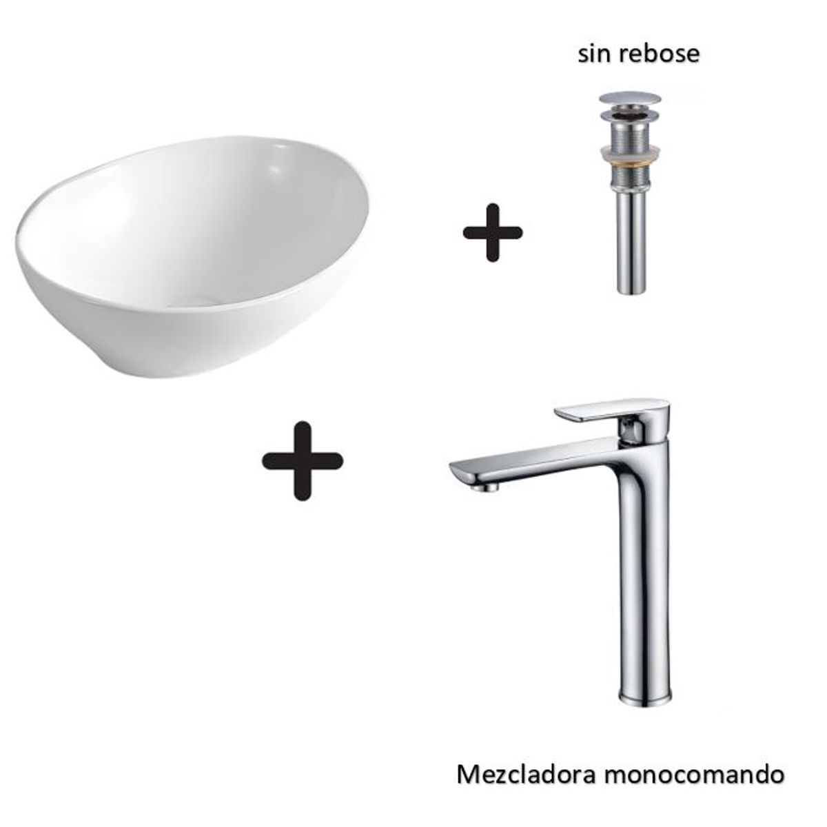 GENERICO - COMBO DE LAVATORIO OVALADO MAS MONOCOMANDO CROMADO Y DESAGUE