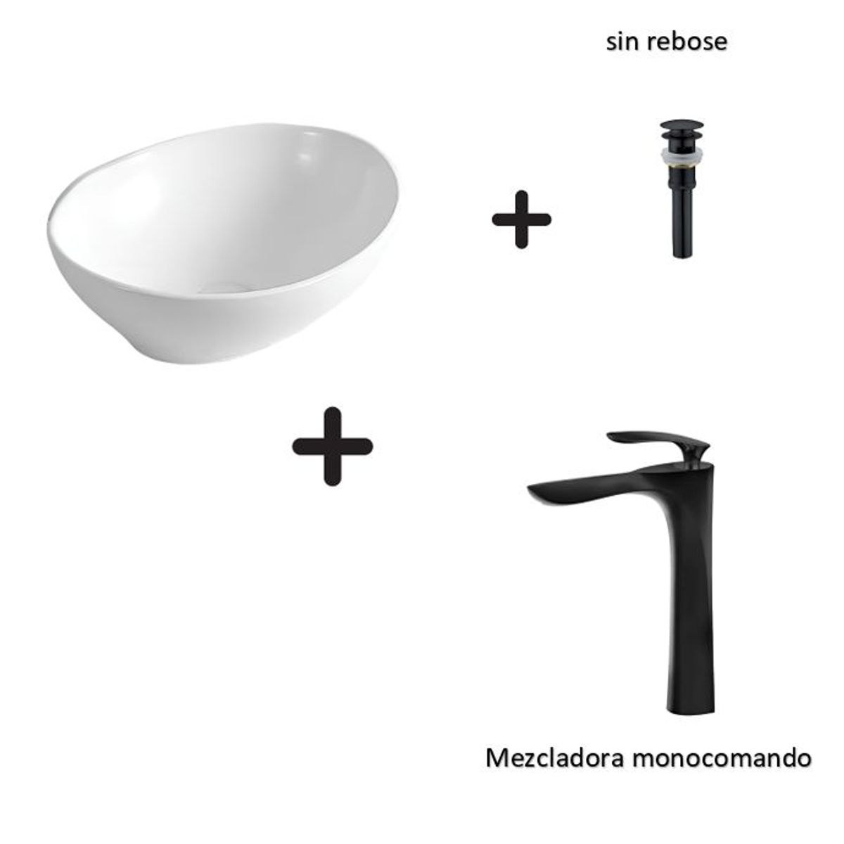 GENERICO - COMBO DE LAVATORIO OVALADO MAS MONOCOMANDO COLOR NEGRO Y DESAGUE