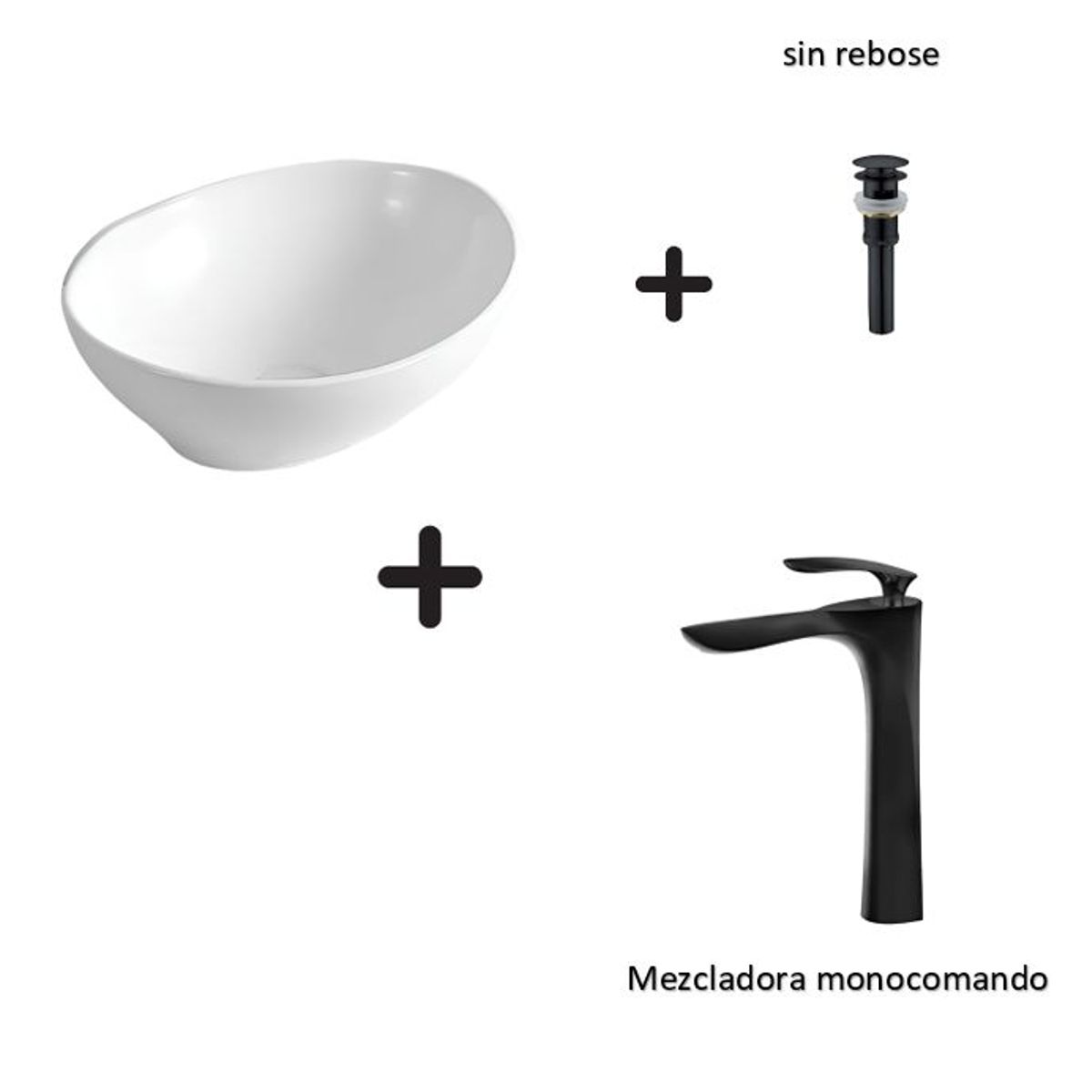 GENERICO - COMBO DE LAVATORIO OVALADO MAS MONOCOMANDO COLOR NEGRO Y DESAGUE