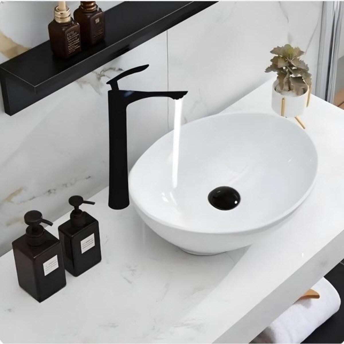 GENERICO - COMBO DE LAVATORIO OVALADO MAS MONOCOMANDO COLOR NEGRO Y DESAGUE