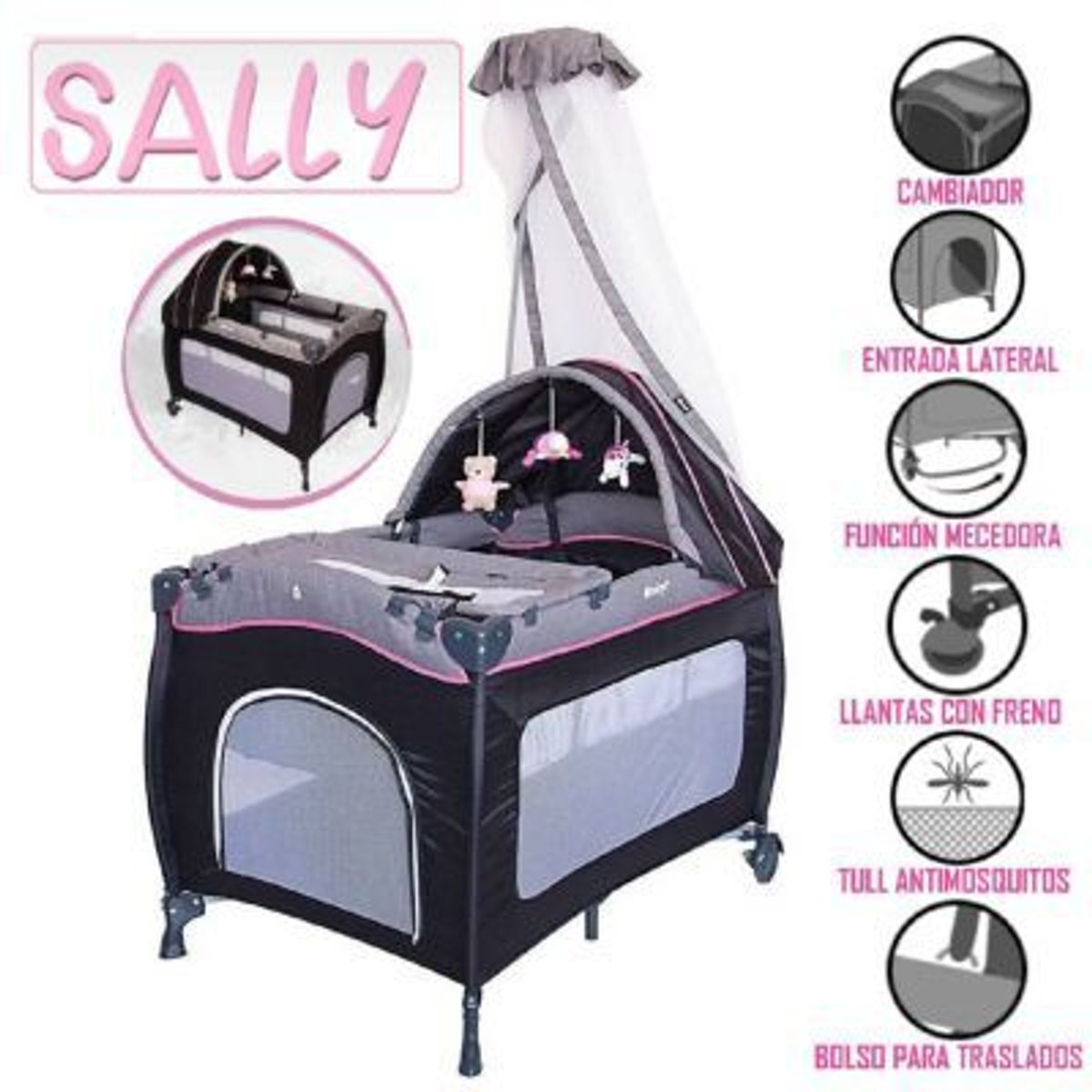 EBABY - Cuna Corral Mecedora Sally 716 Rosado
