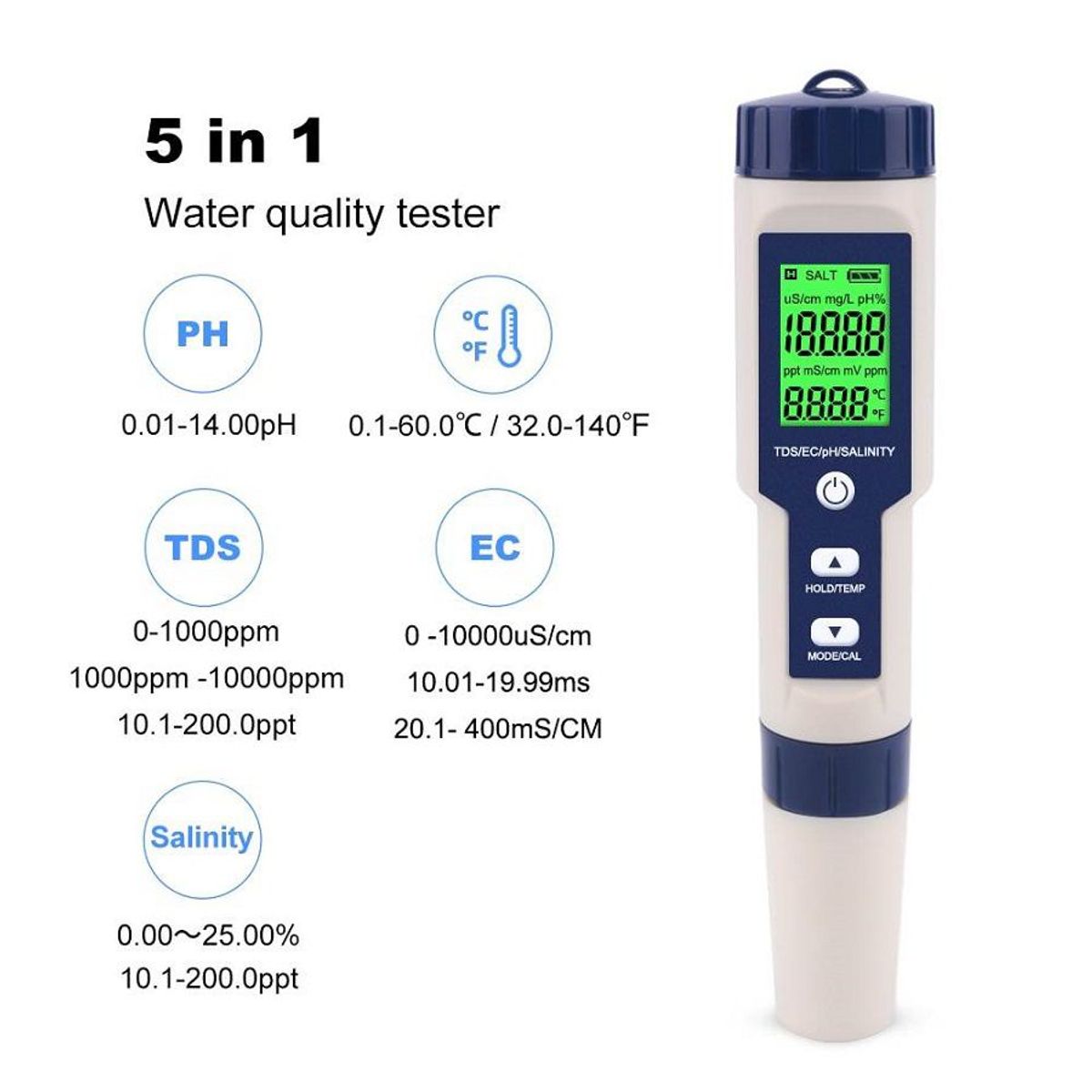 GENERICO - Medidor Digital 5 En 1 Tds Ec Ph Salinidad Temperatura Ofert