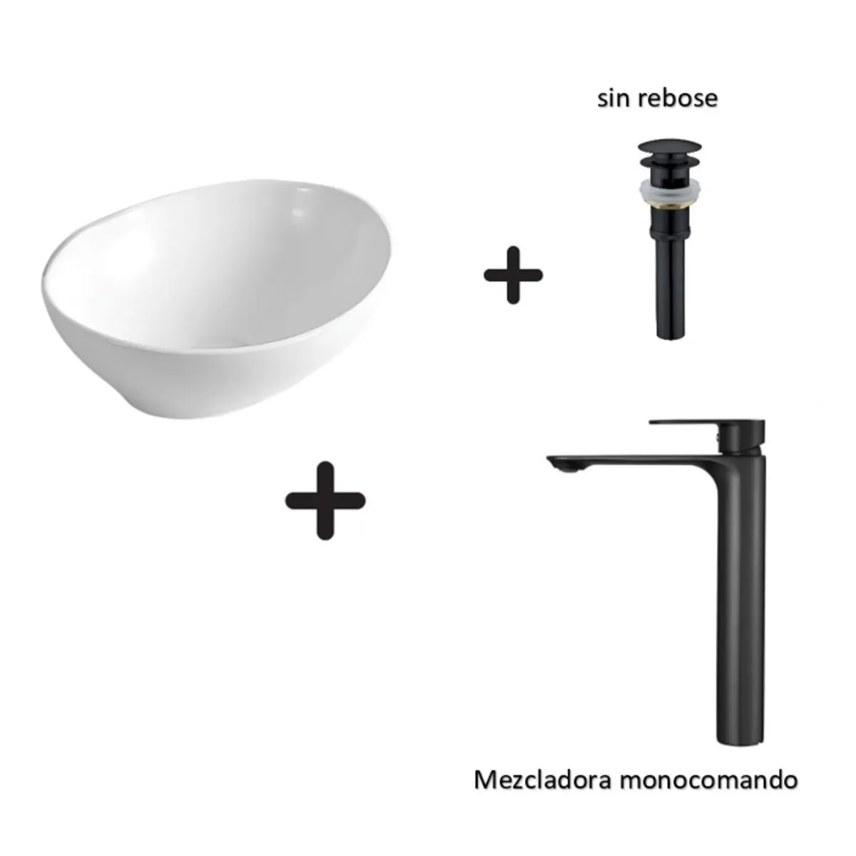 IMPORTADO MC - COMBO DE LAVATORIO OVALADO MAS MONOCOMANDO NEGRO Y DESAGUE